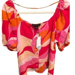 Sanctuary Pink Orange Abstract Wave‎ Print Puff Sleeve Button Down Blouse XS